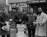 Click to view big image The picket line at St Andrew's house. Tom Loxley, ???, ???, ???